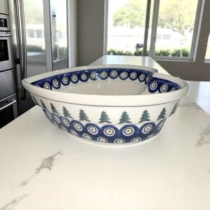 Boleslawiec Polish Pottery Heart Shape Serving Bowl Peacock Christmas Pine Trees